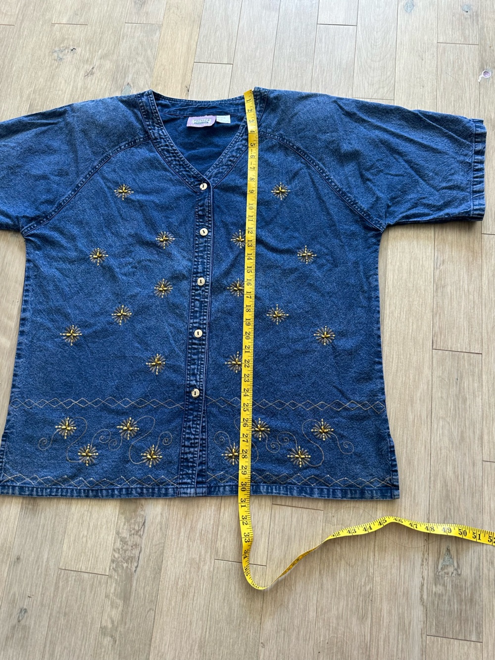 Vintage Premier Blue Denim Button-Front Shirt with Gold Star Embroidery Size 2X - Picture 7 of 7